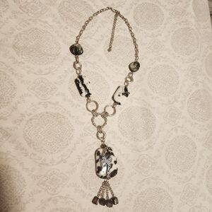 Silver Tone Zebra Agate Stone & Shell Necklace w Extention Tassel Lobster Claw